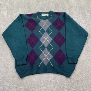 Vintage Peterborough Row Wool Diamond Argyle Pullover Sweater Mens Size XL Green